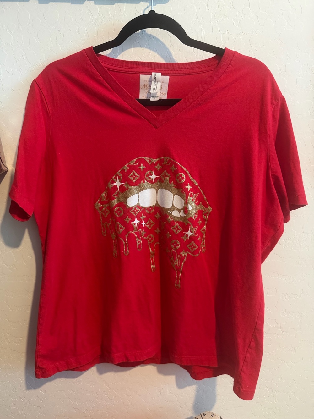 Bella Canvas Red V-Neck Tee with Subtle Gold Print